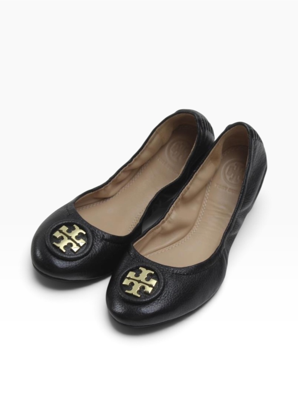 Tory Burch Allie Ballet Flats Black Leather Gold Hardwear size 8